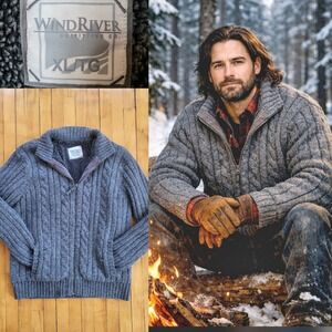 Wind River Full Zip Cable Knit Wool blend Sherpa Sweater Jacket Gray XL
